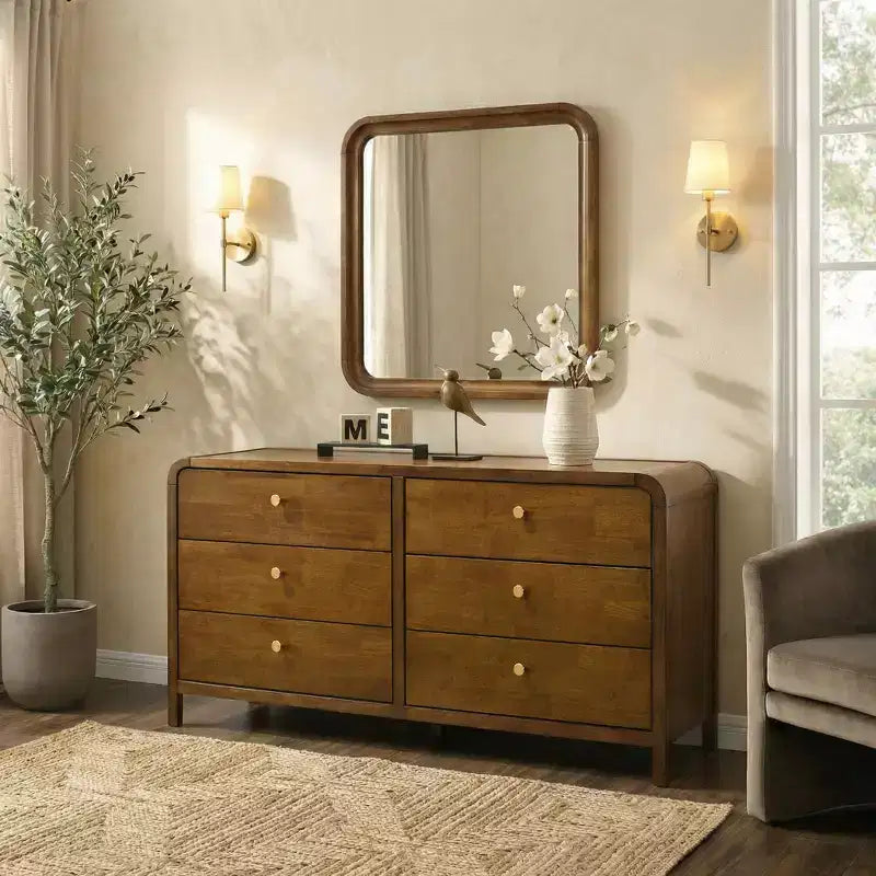 Ensemble de chambre à coucher Roundhill Furniture Eldren en bois, lit plateforme avec commode, miroir et table de chevet au fini noyer