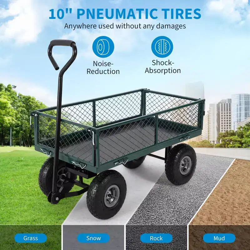 Chariot de jardin robuste en acier, 227 kg, chariot utilitaire pliant avec côtés et doublure en maille amovibles, pneus pneumatiques de 25,4 cm, poignée de traction