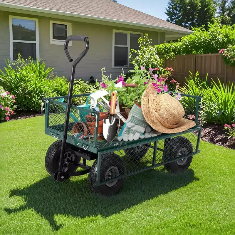 Chariot de jardin robuste en acier, 227 kg, chariot utilitaire pliant avec côtés et doublure en maille amovibles, pneus pneumatiques de 25,4 cm, poignée de traction
