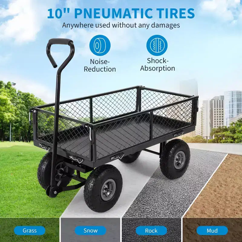 Chariot de jardin robuste en acier, 227 kg, chariot utilitaire pliant avec côtés et doublure en maille amovibles, pneus pneumatiques de 25,4 cm, poignée de traction