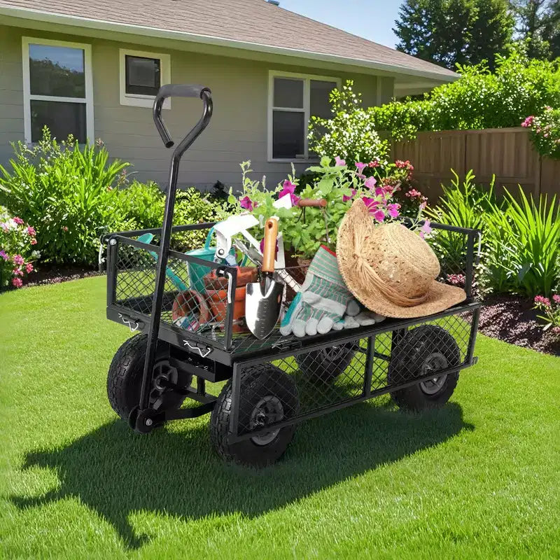 Chariot de jardin robuste en acier, 227 kg, chariot utilitaire pliant avec côtés et doublure en maille amovibles, pneus pneumatiques de 25,4 cm, poignée de traction