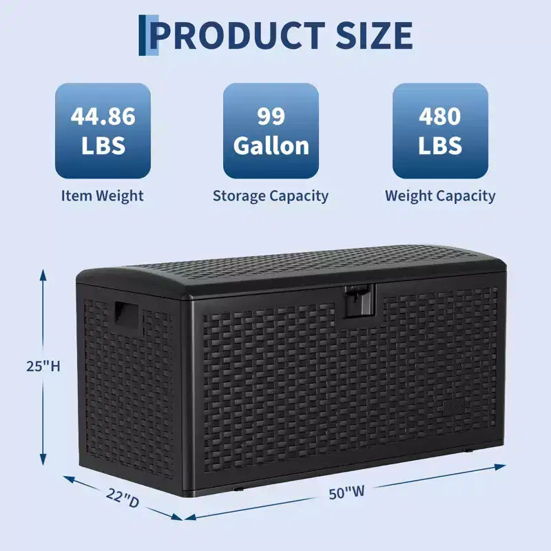 Grand coffre de rangement étanche en résine de 276 litres pour intérieur et extérieur, conteneur de rangement verrouillable pour coussins de mobilier de jardin, coussins décoratifs, outils de jardinage