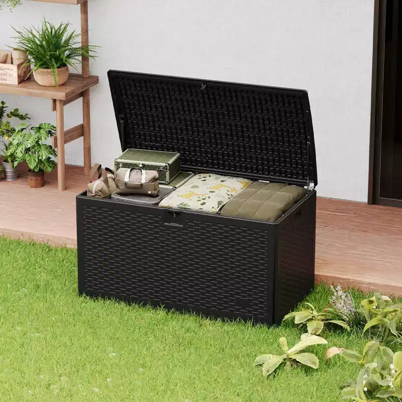 Grand coffre de rangement étanche en résine de 276 litres pour intérieur et extérieur, conteneur de rangement verrouillable pour coussins de mobilier de jardin, coussins décoratifs, outils de jardinage