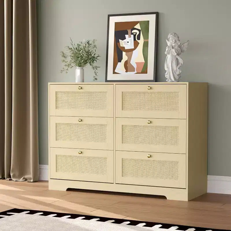 Commode en rotin avec 6 tiroirs, commode moderne en bois de style bohème pour chambre à coucher, commode en osier avec poignées en métal et pieds en bois