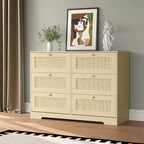 Commode en rotin avec 6 tiroirs, commode moderne en bois de style bohème pour chambre à coucher, commode en osier avec poignées en métal et pieds en bois