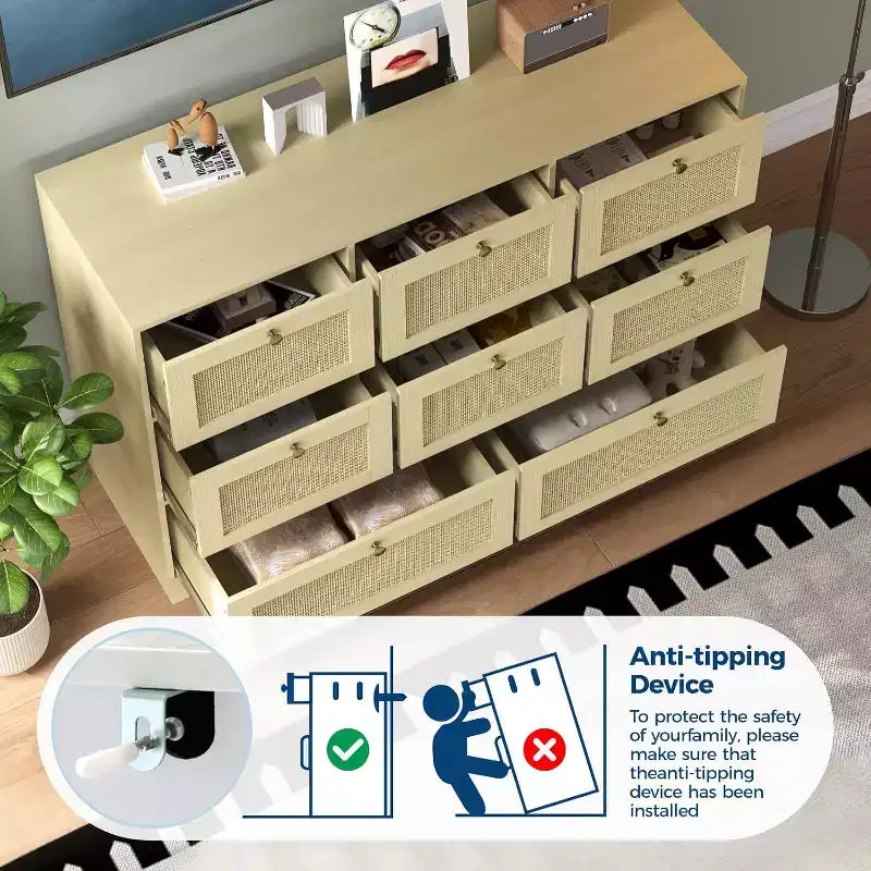 Commode en rotin avec 6 tiroirs, commode moderne en bois de style bohème pour chambre à coucher, commode en osier avec poignées en métal et pieds en bois