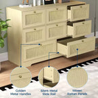 Commode en rotin avec 6 tiroirs, commode moderne en bois de style bohème pour chambre à coucher, commode en osier avec poignées en métal et pieds en bois