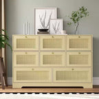 Commode en rotin avec 6 tiroirs, commode moderne en bois de style bohème pour chambre à coucher, commode en osier avec poignées en métal et pieds en bois