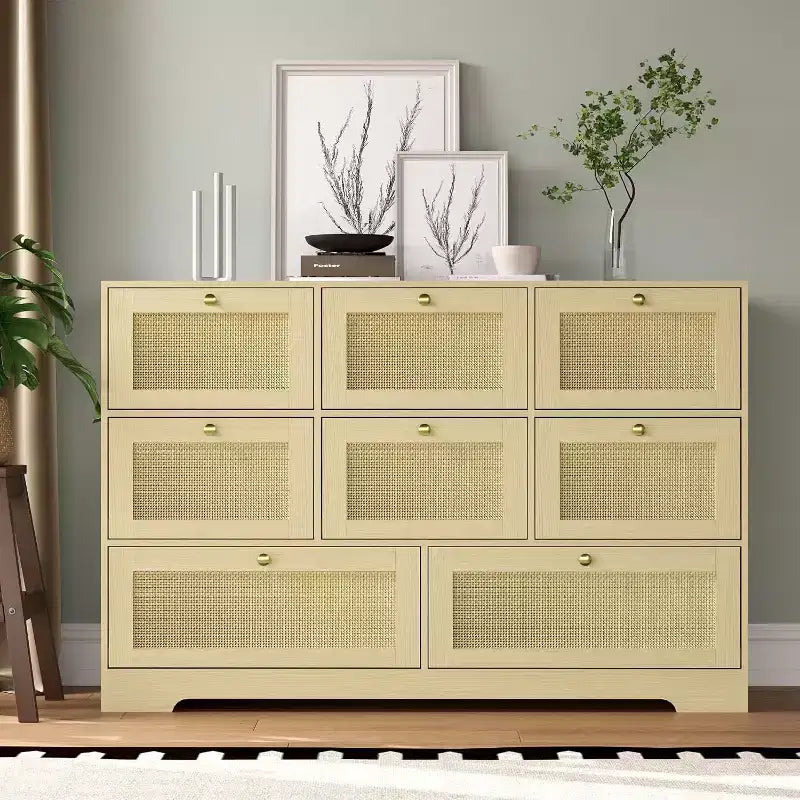 Commode en rotin avec 6 tiroirs, commode moderne en bois de style bohème pour chambre à coucher, commode en osier avec poignées en métal et pieds en bois