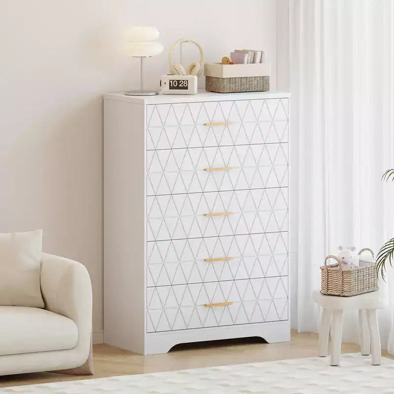 Commode en bois à 5 tiroirs pour chambre à coucher, commode en bois avec poignées dorées pour placard, table de chevet moderne, meuble de rangement.