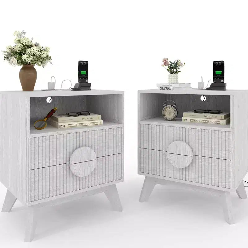 Modern Fluted Bedside Table Set of 2  Wood Bedside Table  2 Drawers & Open Storage Shelf  End Table with Outlets
