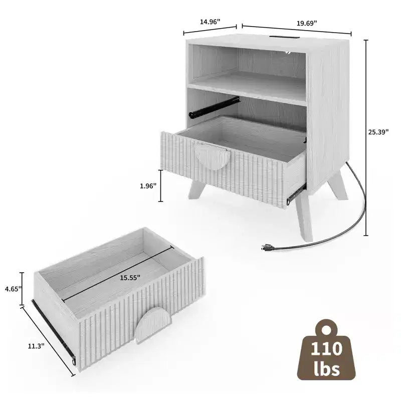 Tables de Chevet Modernes Cannelées, Lot de 2, en Bois, 2 Tiroirs et Étagère Ouverte, Table d'Appoint avec Prises