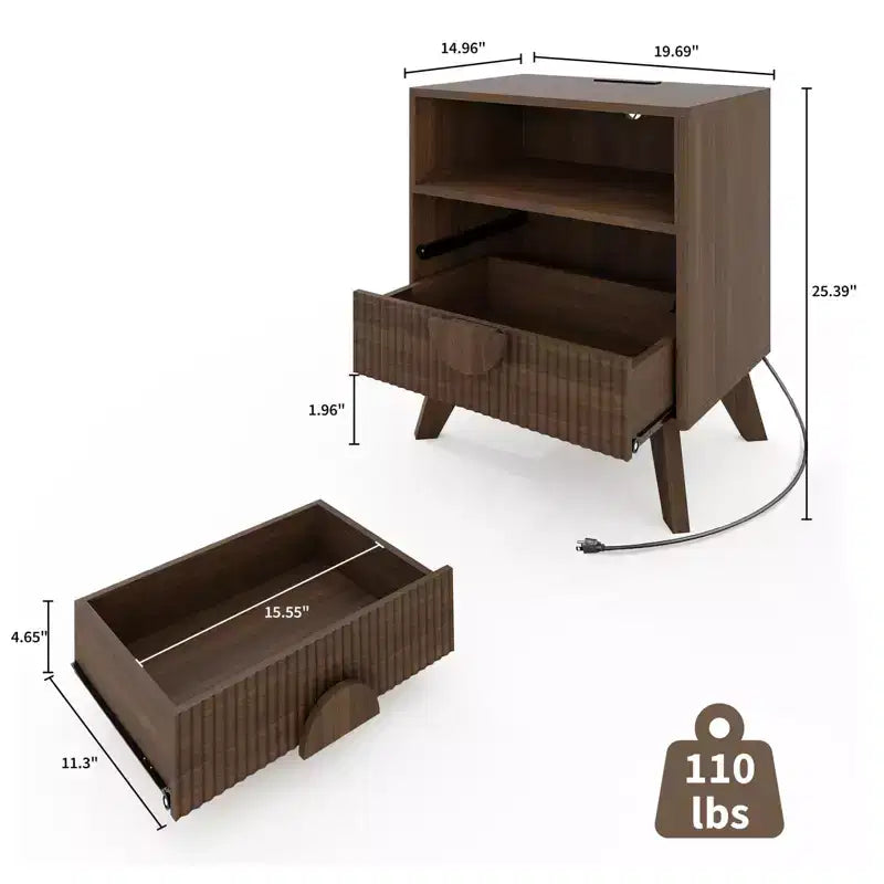 Tables de Chevet Modernes Cannelées, Lot de 2, en Bois, 2 Tiroirs et Étagère Ouverte, Table d'Appoint avec Prises