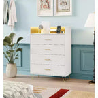 Commode avec station de charge Commode haute en bois à 4 tiroirs Grand meuble de rangement pour chambre, salon ou dressing