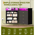 Commode avec station de charge Commode haute en bois à 4 tiroirs Grand meuble de rangement pour chambre, salon ou dressing
