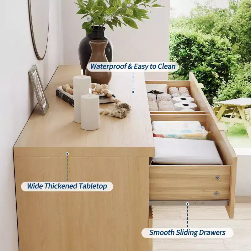 Solution de Rangement Spacieuse - Commode 6 Tiroirs pour Chambre - Large Buffet Cannulé avec Poignées Dorées - Organisateur Moderne & Meuble TV - Chêne Naturel