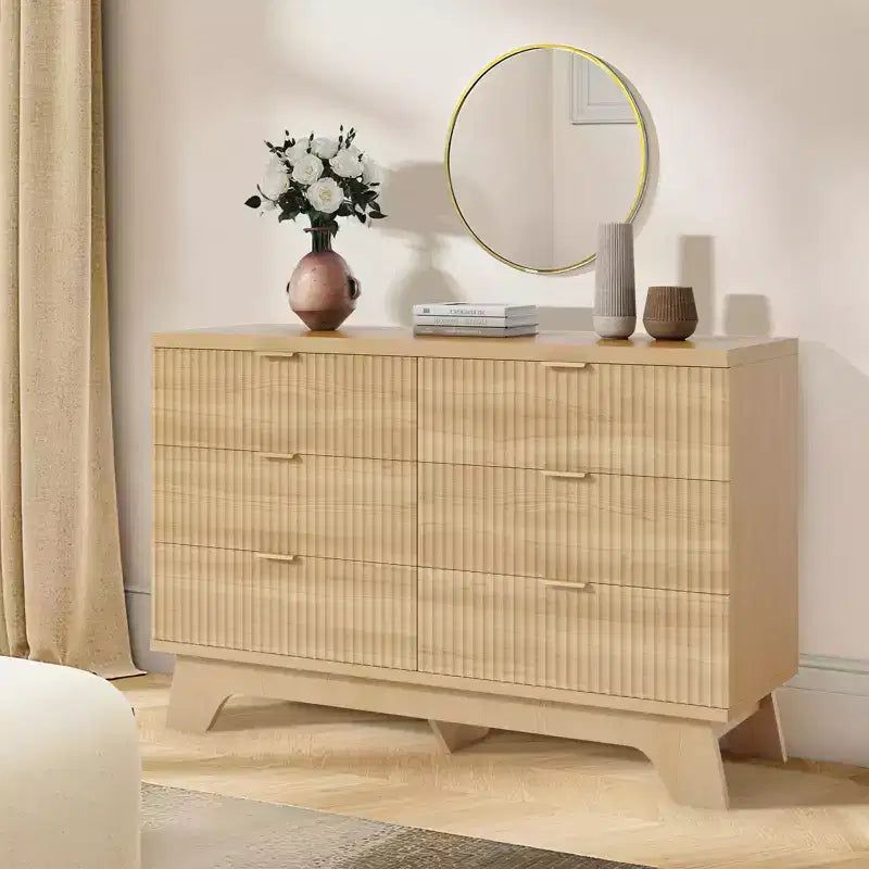 Solution de Rangement Spacieuse - Commode 6 Tiroirs pour Chambre - Large Buffet Cannulé avec Poignées Dorées - Organisateur Moderne & Meuble TV - Chêne Naturel