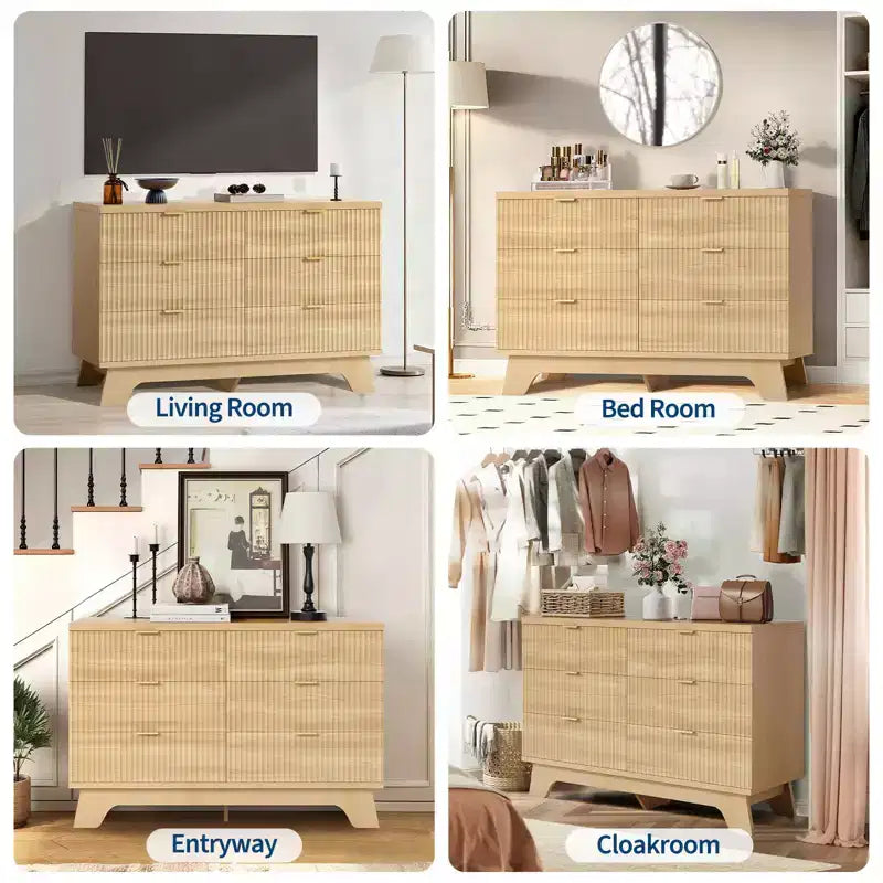 Solution de Rangement Spacieuse - Commode 6 Tiroirs pour Chambre - Large Buffet Cannulé avec Poignées Dorées - Organisateur Moderne & Meuble TV - Chêne Naturel