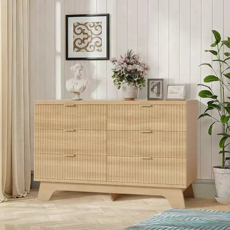 Solution de Rangement Spacieuse - Commode 6 Tiroirs pour Chambre - Large Buffet Cannulé avec Poignées Dorées - Organisateur Moderne & Meuble TV - Chêne Naturel