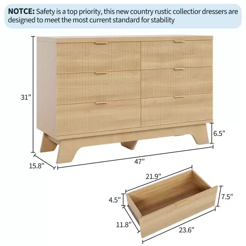 Solution de Rangement Spacieuse - Commode 6 Tiroirs pour Chambre - Large Buffet Cannulé avec Poignées Dorées - Organisateur Moderne & Meuble TV - Chêne Naturel