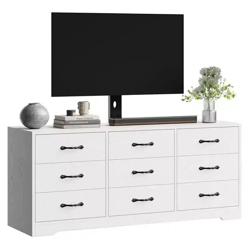 Modern 9-Drawer TV Stand Chest - Black Wood Entertainment Center with Adjustable Mount, Spacious Storage Dresser for 32-85 Inch TVs