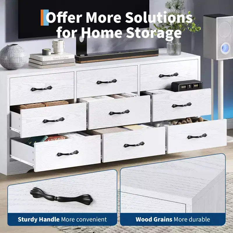Meuble TV moderne à 9 tiroirs - Meuble TV noir en bois avec support réglable, commode de rangement spacieuse pour téléviseurs de 32 à 85 pouces