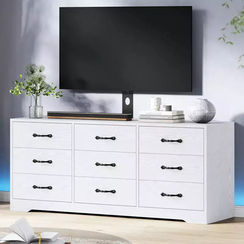 Meuble TV moderne à 9 tiroirs - Meuble TV noir en bois avec support réglable, commode de rangement spacieuse pour téléviseurs de 32 à 85 pouces