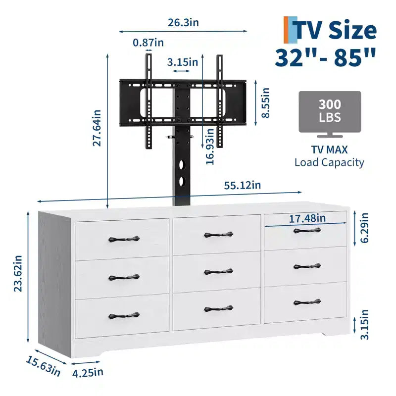 Meuble TV moderne à 9 tiroirs - Meuble TV noir en bois avec support réglable, commode de rangement spacieuse pour téléviseurs de 32 à 85 pouces