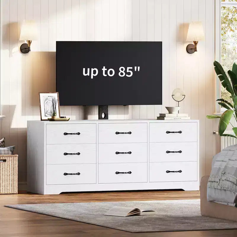 Meuble TV moderne à 9 tiroirs - Meuble TV noir en bois avec support réglable, commode de rangement spacieuse pour téléviseurs de 32 à 85 pouces