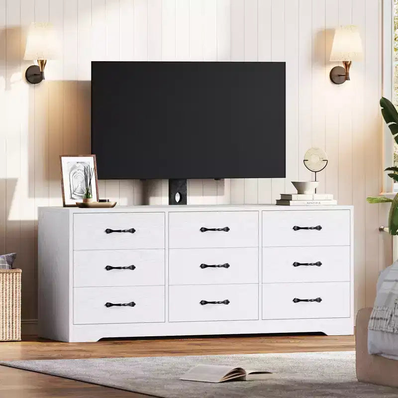 Meuble TV moderne à 9 tiroirs - Meuble TV noir en bois avec support réglable, commode de rangement spacieuse pour téléviseurs de 32 à 85 pouces