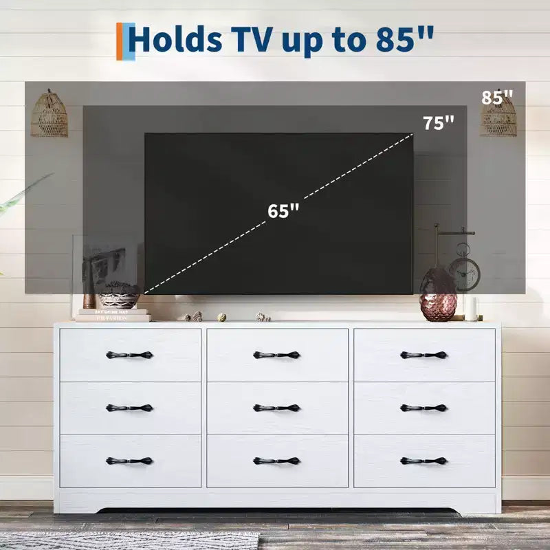 Meuble TV moderne à 9 tiroirs - Meuble TV noir en bois avec support réglable, commode de rangement spacieuse pour téléviseurs de 32 à 85 pouces