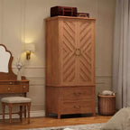 Grande Armoire en Bois en Forme de V de 180 cm, 2 Portes et Tiroirs, Tringle à Suspendre, Grand Meuble de Rangement Autonome, Marron