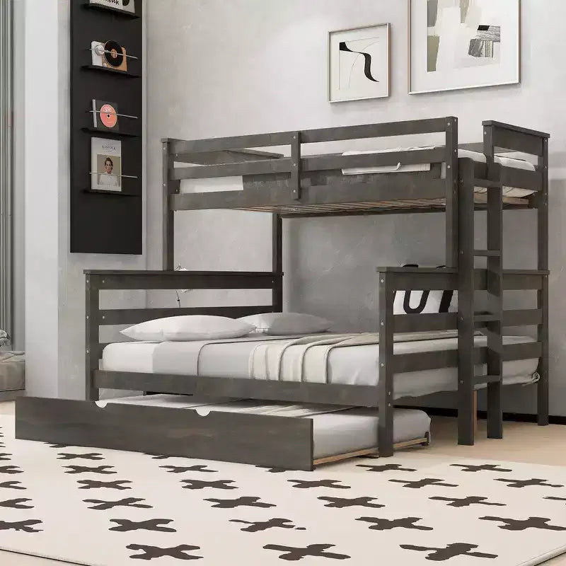 Whisen Wood Twin XL over Queen Bunk Bed Frame with Ladder, Solid Wood Slats