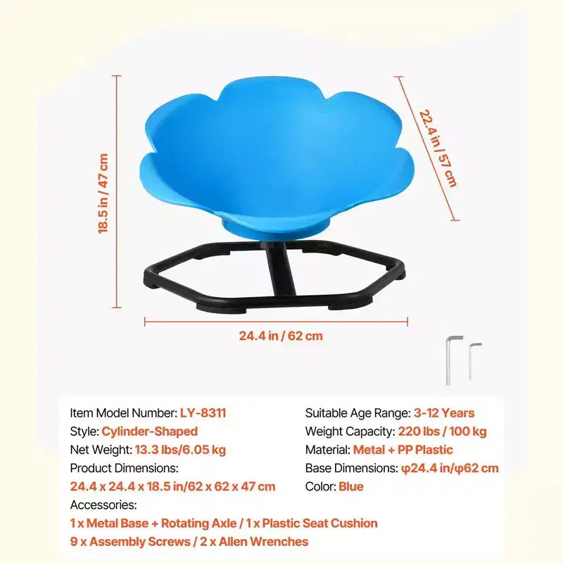 Chaise pivotante cylindrique sensorielle pour enfants avec base en métal, 100 kg, bleue