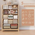 Commode en bois à 5 tiroirs de 45 pouces, commode moderne avec rangement profond, organiseur en bois haut pour chambre, salon et entrée