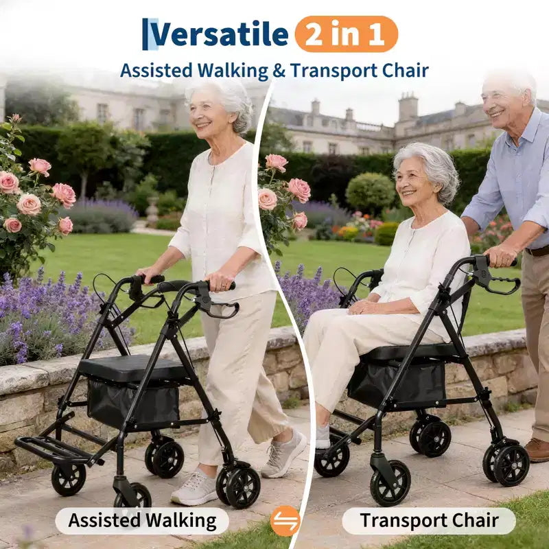 Fauteuil roulant pliable portable pour adultes, capacité de 135 kg, 6 roues, hauteur réglable, rangement sous le siège, siège et repose-pieds confortables