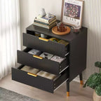 Commode moderne cannelée à 3 tiroirs noire, meuble de rangement en bois avec poignées métalliques, coffre d'appoint pour chambre à coucher, couloir, salon, placard