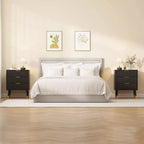 Commode moderne cannelée à 3 tiroirs noire, meuble de rangement en bois avec poignées métalliques, coffre d'appoint pour chambre à coucher, couloir, salon, placard