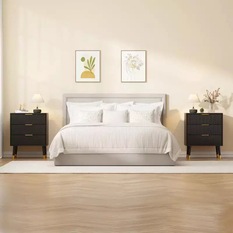 Commode moderne cannelée à 3 tiroirs noire, meuble de rangement en bois avec poignées métalliques, coffre d'appoint pour chambre à coucher, couloir, salon, placard