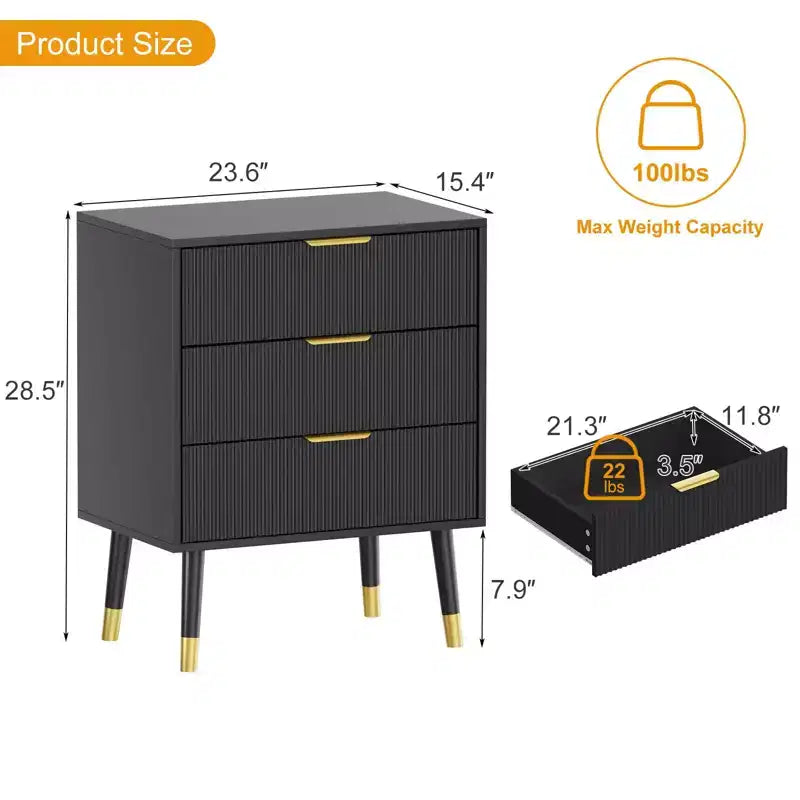 Commode moderne cannelée à 3 tiroirs noire, meuble de rangement en bois avec poignées métalliques, coffre d'appoint pour chambre à coucher, couloir, salon, placard