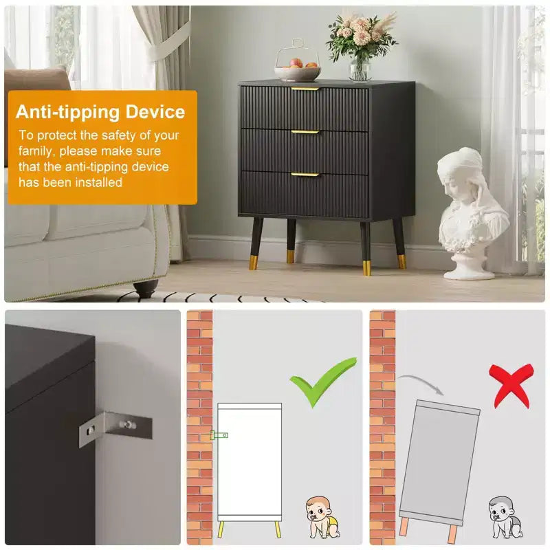 Commode moderne cannelée à 3 tiroirs noire, meuble de rangement en bois avec poignées métalliques, coffre d'appoint pour chambre à coucher, couloir, salon, placard