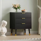 Commode moderne cannelée à 3 tiroirs noire, meuble de rangement en bois avec poignées métalliques, coffre d'appoint pour chambre à coucher, couloir, salon, placard