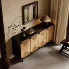Meuble de rangement/buffet Natural Accent, Meuble TV en bois avec portes en jonc de mer tressé, Fini grain de bois noir