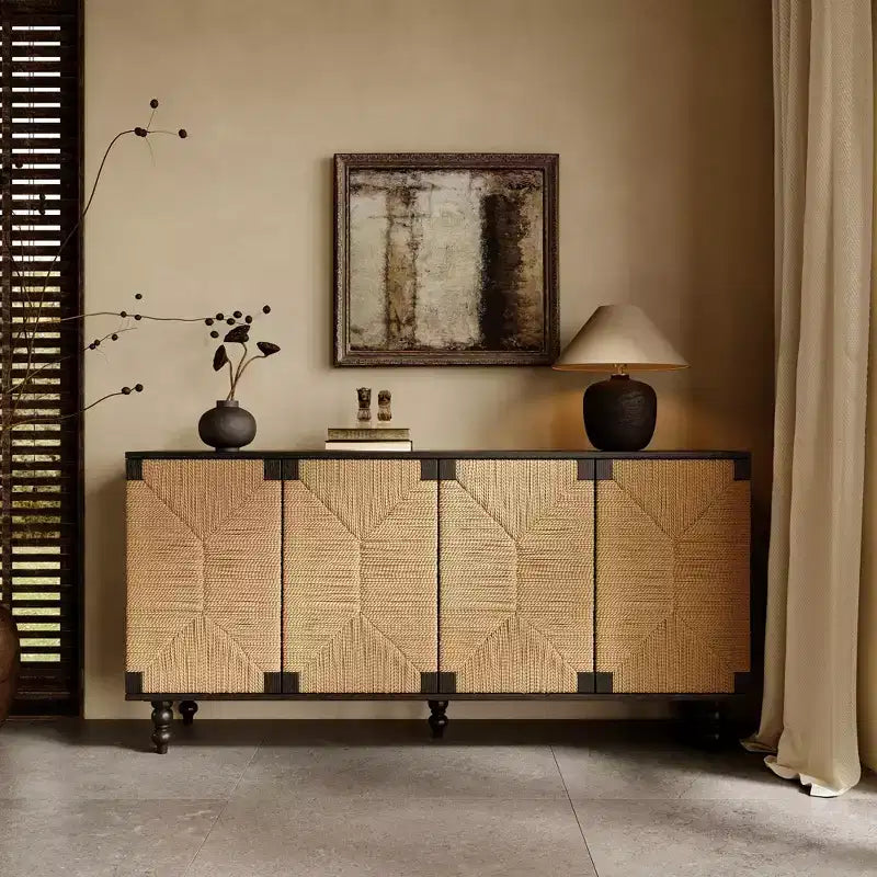 Meuble de rangement/buffet Natural Accent, Meuble TV en bois avec portes en jonc de mer tressé, Fini grain de bois noir