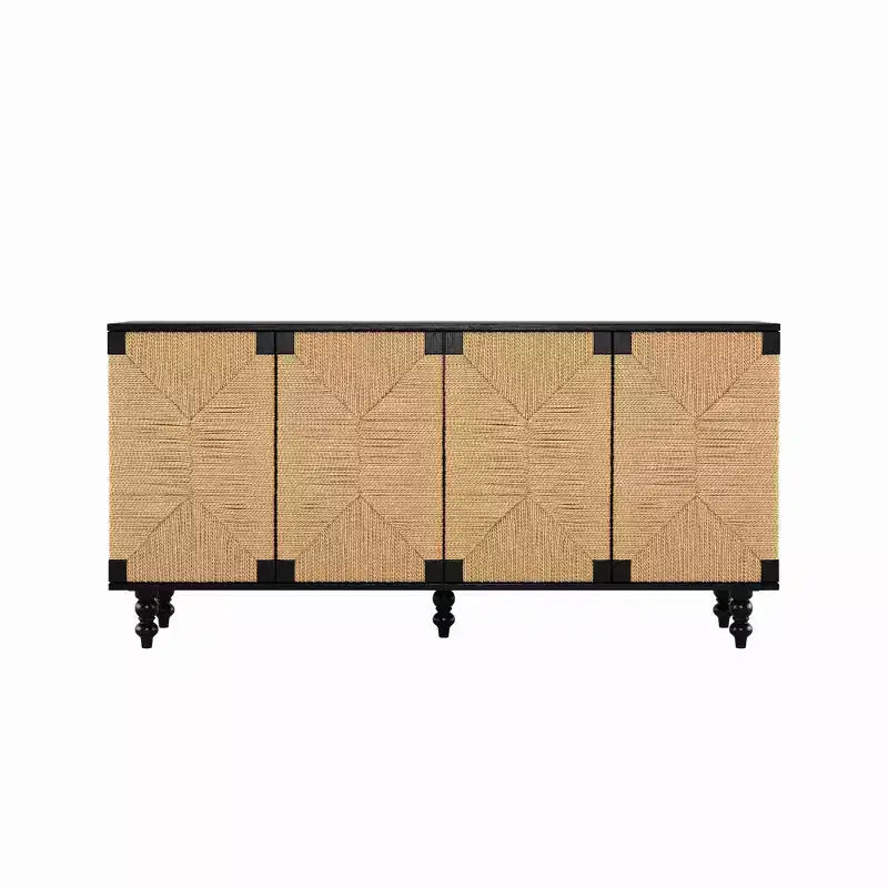 Meuble de rangement/buffet Natural Accent, Meuble TV en bois avec portes en jonc de mer tressé, Fini grain de bois noir