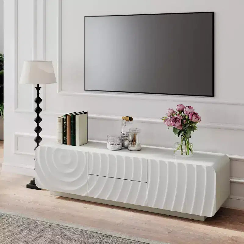 Meuble TV de 58 po avec armoire de rangement, meuble de divertissement TV au design en spirale avec 2 tiroirs