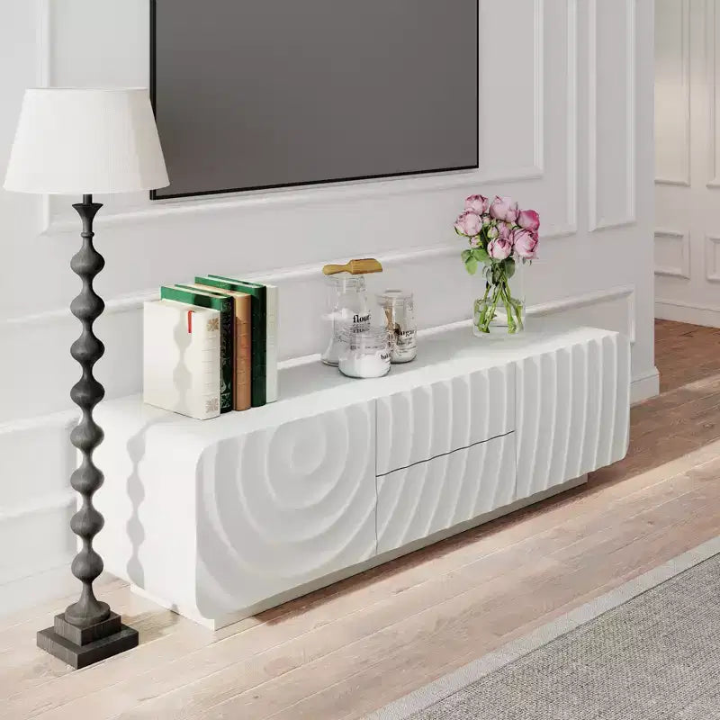 Meuble TV de 58 po avec armoire de rangement, meuble de divertissement TV au design en spirale avec 2 tiroirs