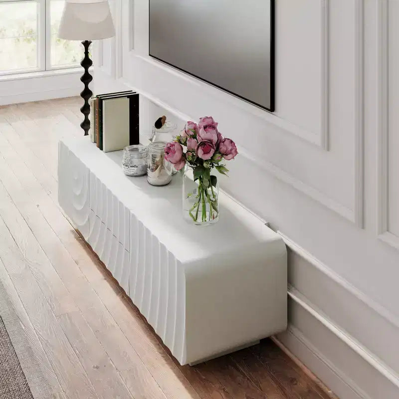 Meuble TV de 58 po avec armoire de rangement, meuble de divertissement TV au design en spirale avec 2 tiroirs