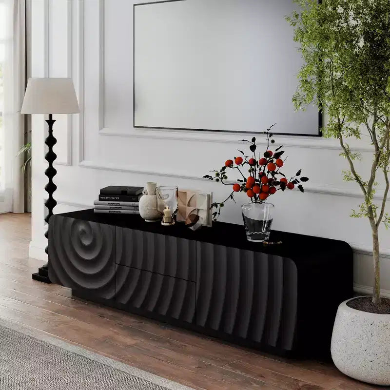 Meuble TV de 58 po avec armoire de rangement, meuble de divertissement TV au design en spirale avec 2 tiroirs