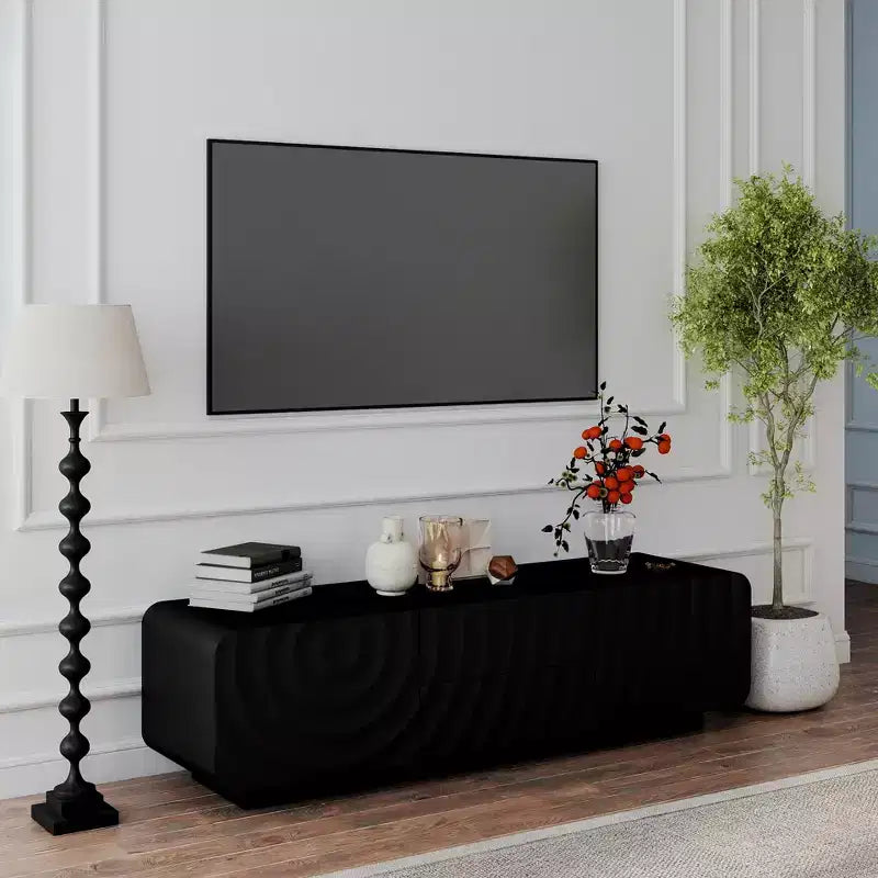 Meuble TV de 58 po avec armoire de rangement, meuble de divertissement TV au design en spirale avec 2 tiroirs